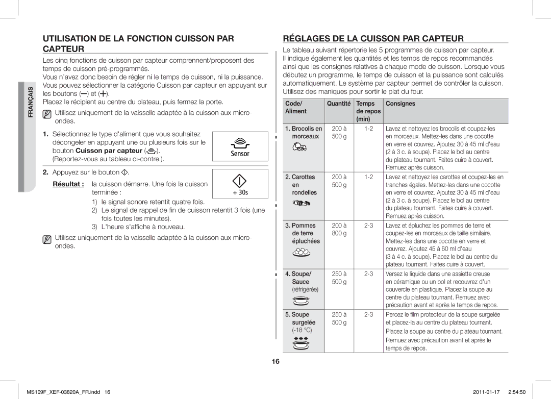 Samsung ME109F-1S/XEF manual Utilisation DE LA Fonction Cuisson PAR Capteur, Réglages DE LA Cuisson PAR Capteur, Min 