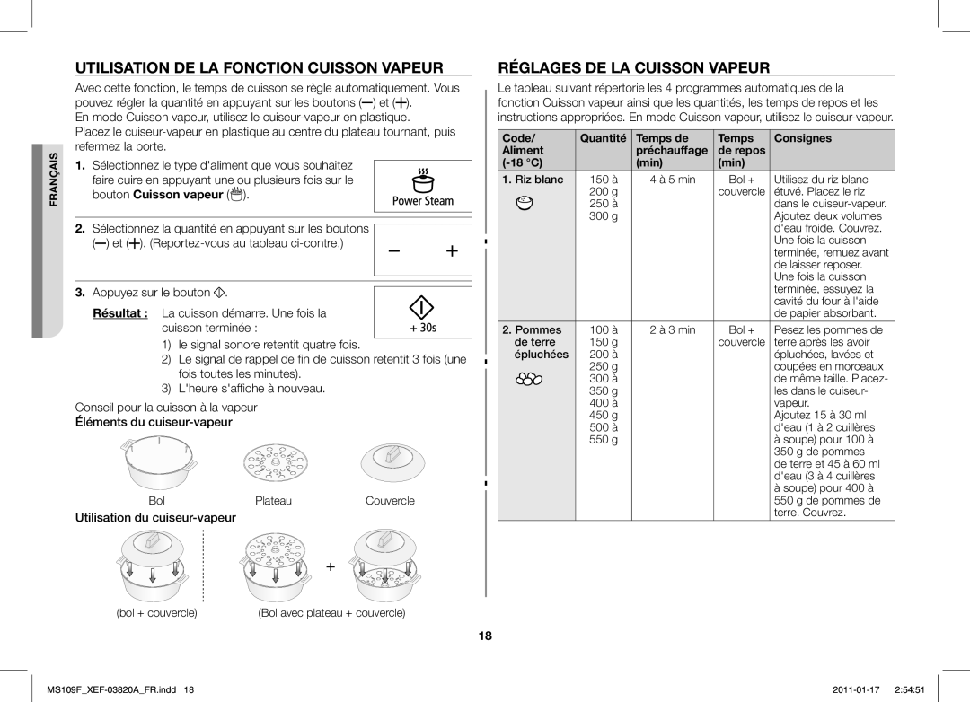 Samsung ME109F-1S/XEF manual Utilisation DE LA Fonction Cuisson Vapeur, Réglages DE LA Cuisson Vapeur 