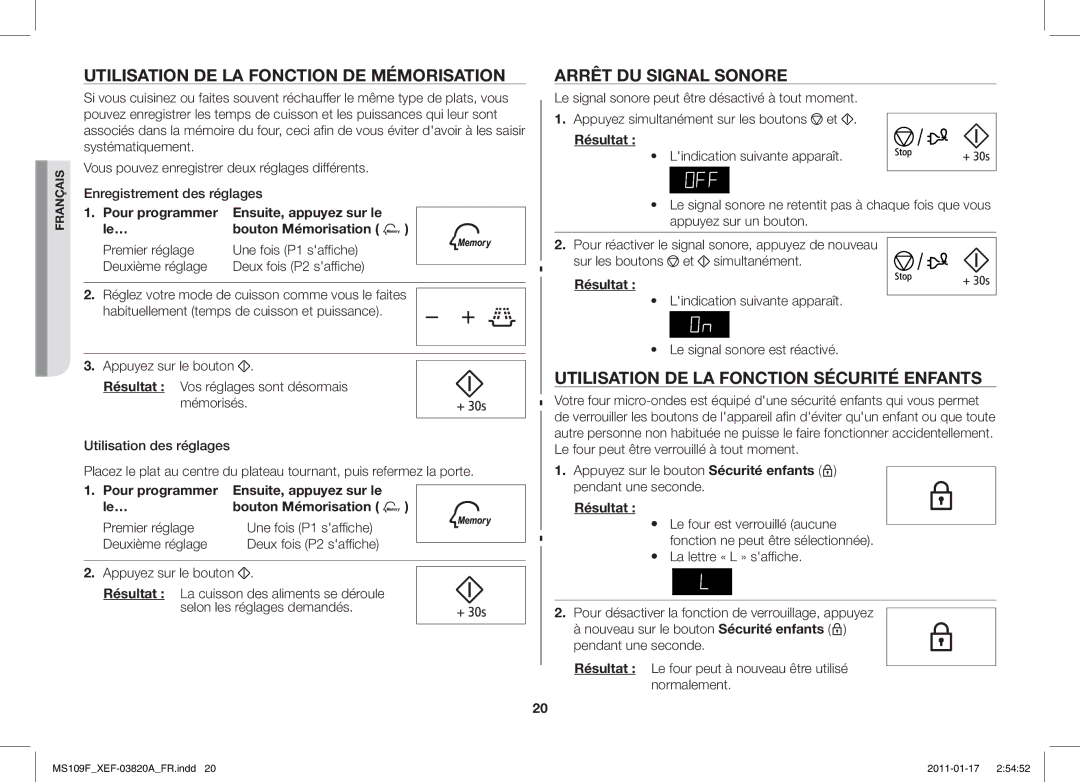 Samsung ME109F-1S/XEF manual Utilisation DE LA Fonction DE Mémorisation, Arrêt DU Signal Sonore 