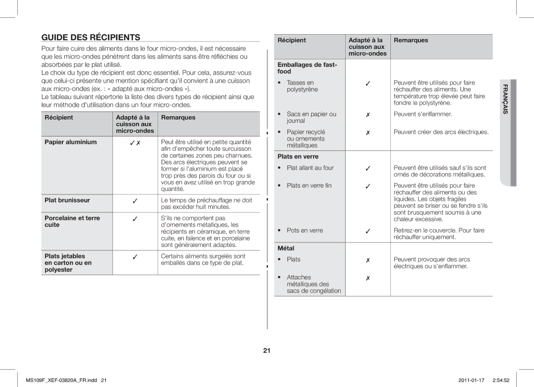 Samsung ME109F-1S/XEF manual Guide DES Récipients 