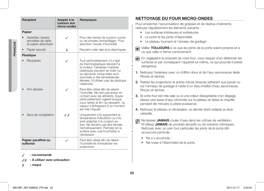 Samsung ME109F-1S/XEF manual Nettoyage DU Four MICRO-ONDES, Plastique, Papier paraffiné ou, Sulfurisé 