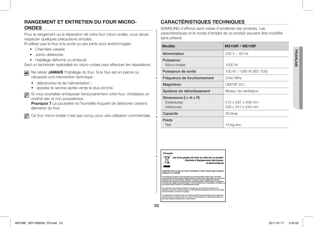 Samsung ME109F-1S/XEF Rangement ET Entretien DU Four MICRO- Ondes, Caractéristiques Techniques, Modèle MS109F / ME109F 