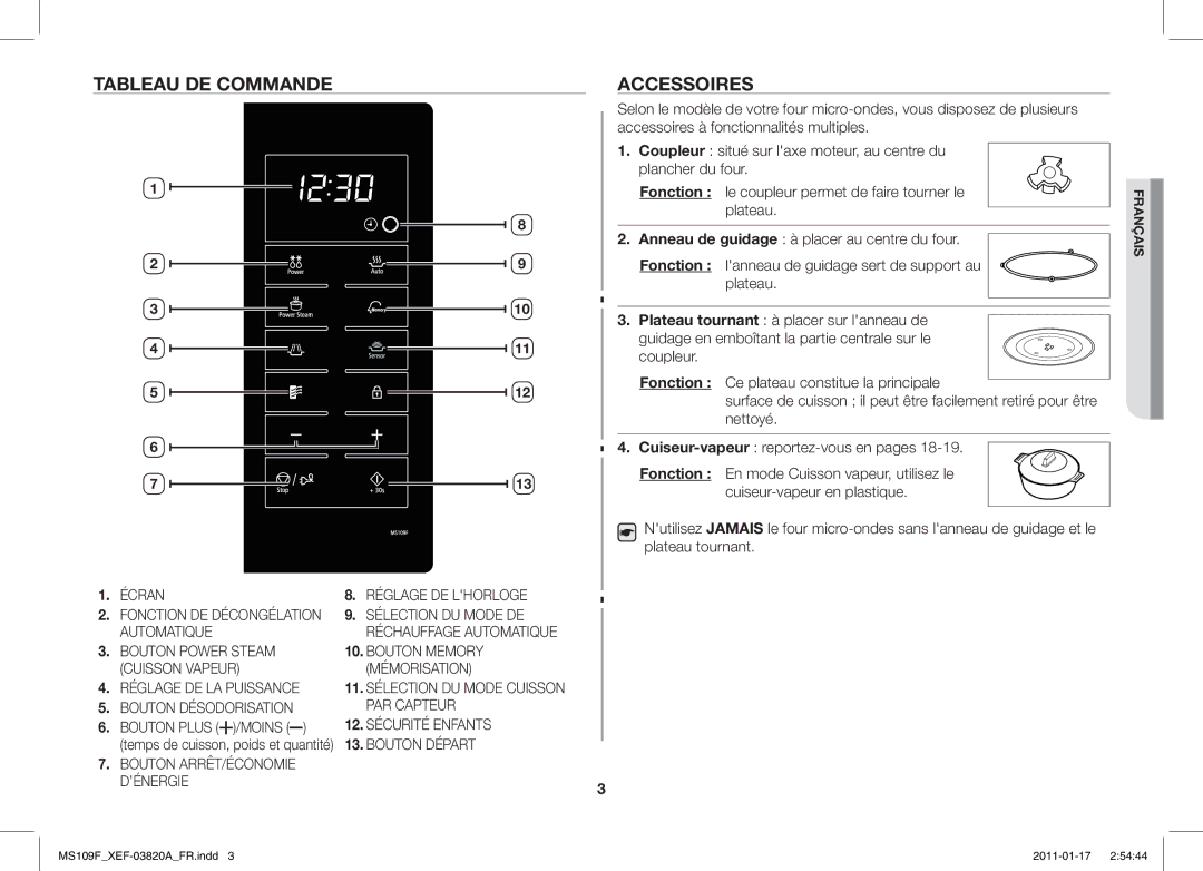 Samsung ME109F-1S/XEF manual Tableau DE Commande Accessoires, Bouton ARRÊT/ÉCONOMIE ’ÉNERGIE 