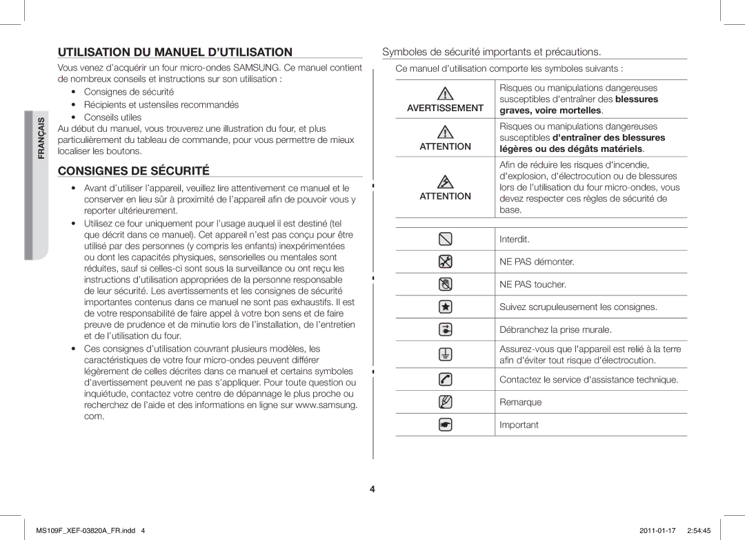 Samsung ME109F-1S/XEF manual Utilisation DU Manuel D’UTILISATION, Consignes DE Sécurité, Graves, voire mortelles 