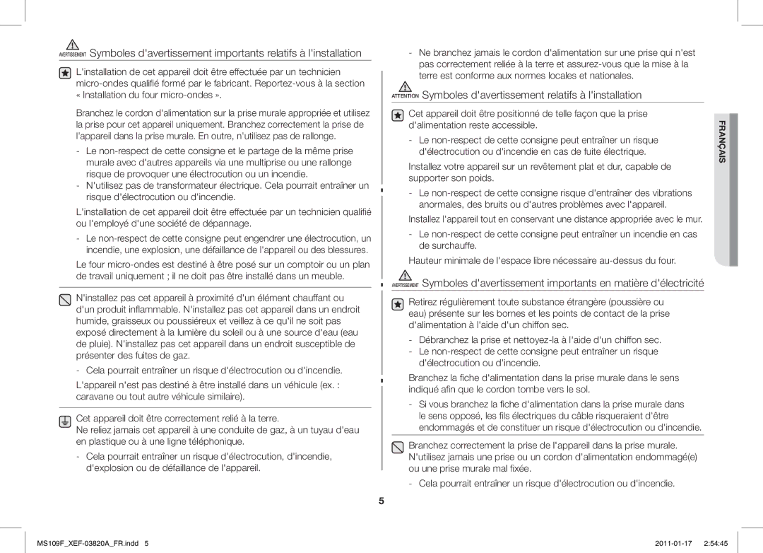 Samsung ME109F-1S/XEF manual Cordon tombe vers le sol 