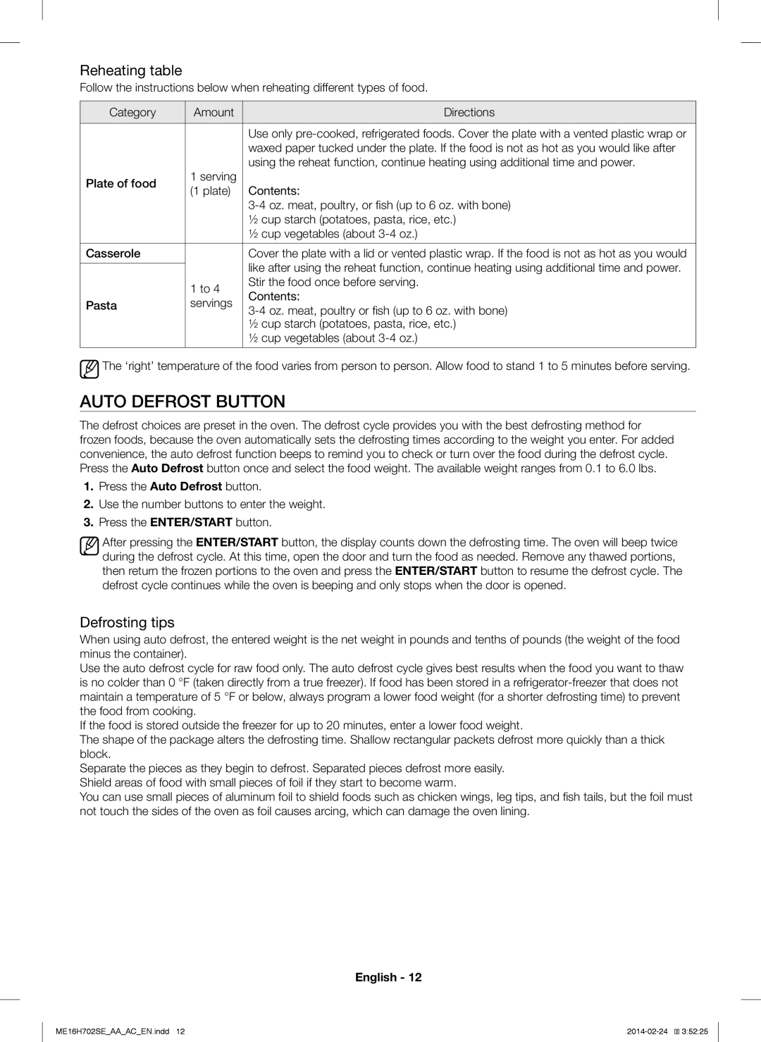 Samsung ME16H702SE user manual Auto Defrost Button, Reheating table, Defrosting tips, Stir the food once before serving 