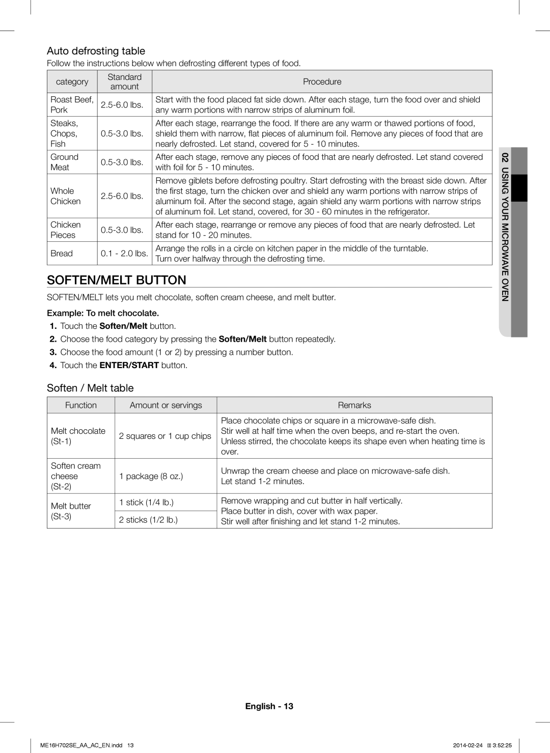 Samsung ME16H702SE user manual SOFTEN/MELT Button, Auto defrosting table, Soften / Melt table 