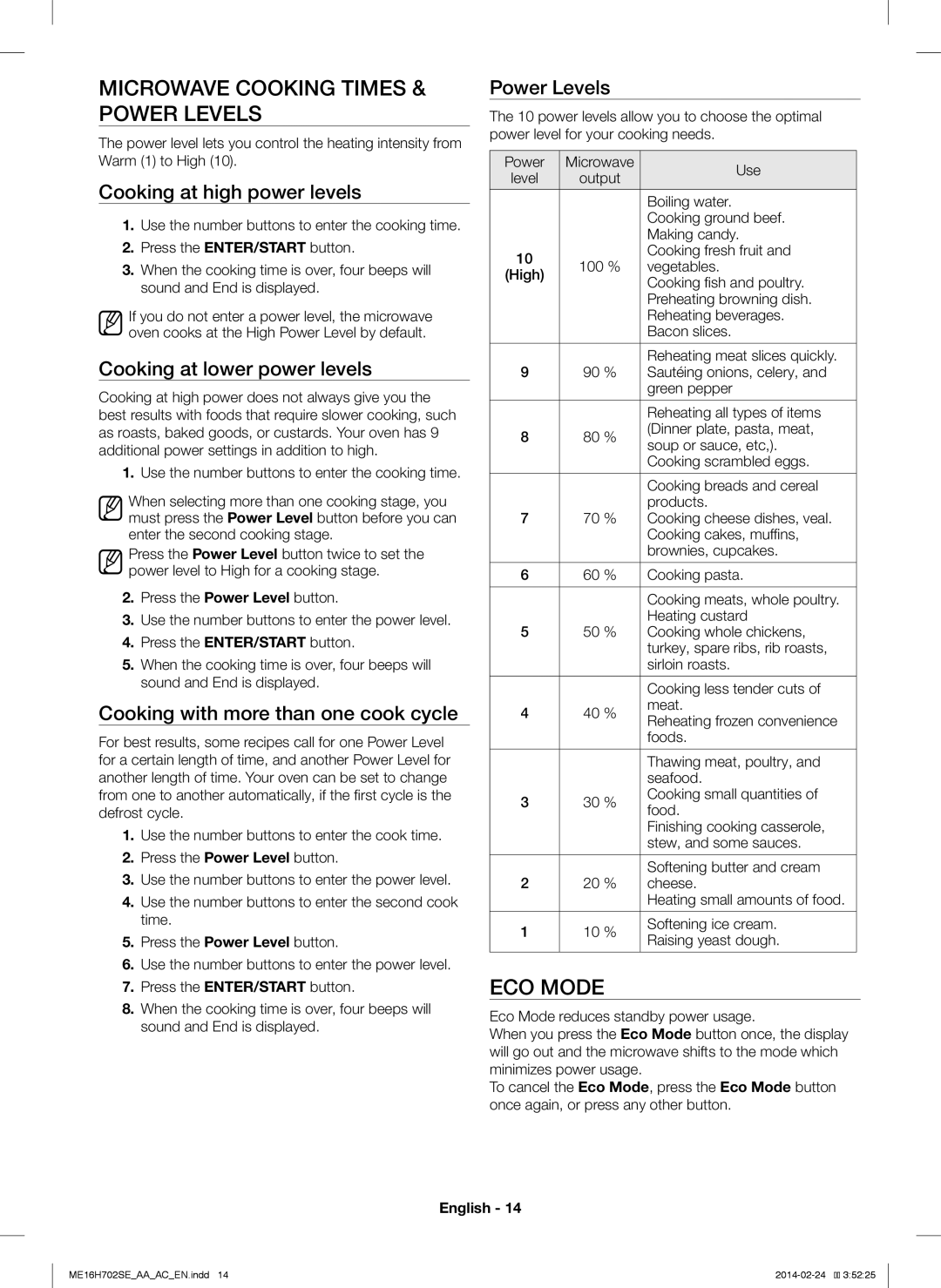 Samsung ME16H702SE user manual Microwave Cooking Times & Power Levels, ECO Mode 