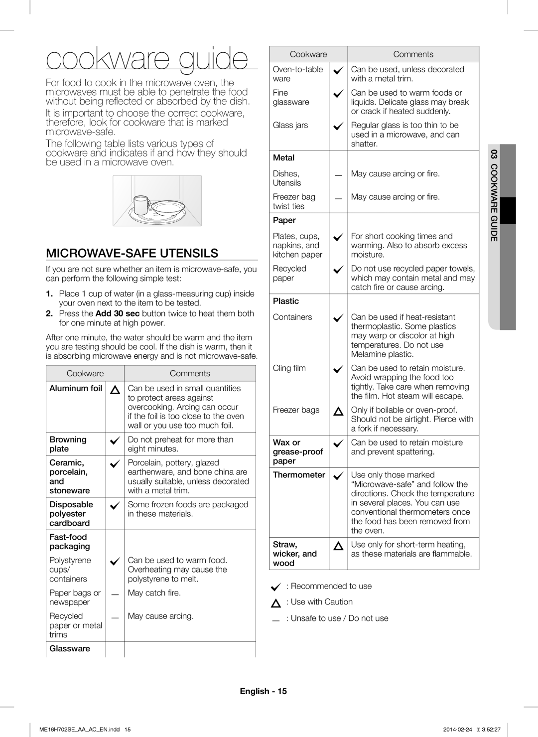 Samsung ME16H702SE user manual Cookware guide, MICROWAVE-SAFE Utensils 