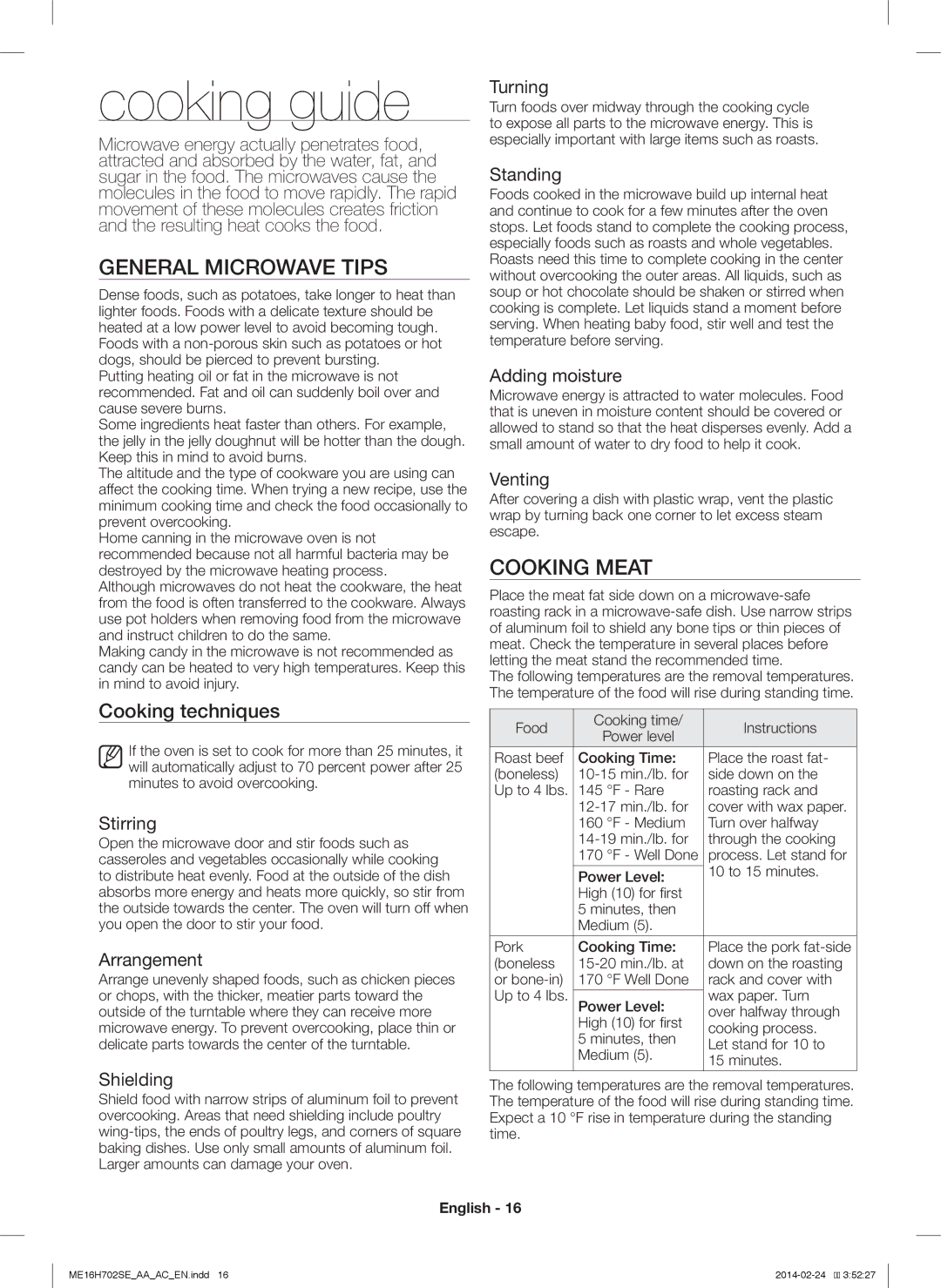 Samsung ME16H702SE user manual Cooking guide, General Microwave Tips, Cooking Meat, Cooking techniques 