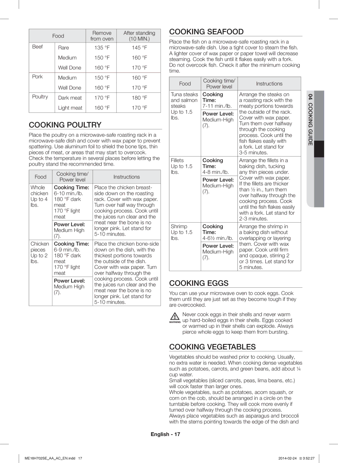 Samsung ME16H702SE user manual Cooking Poultry, Cooking Seafood, Cooking Eggs, Cooking Vegetables 