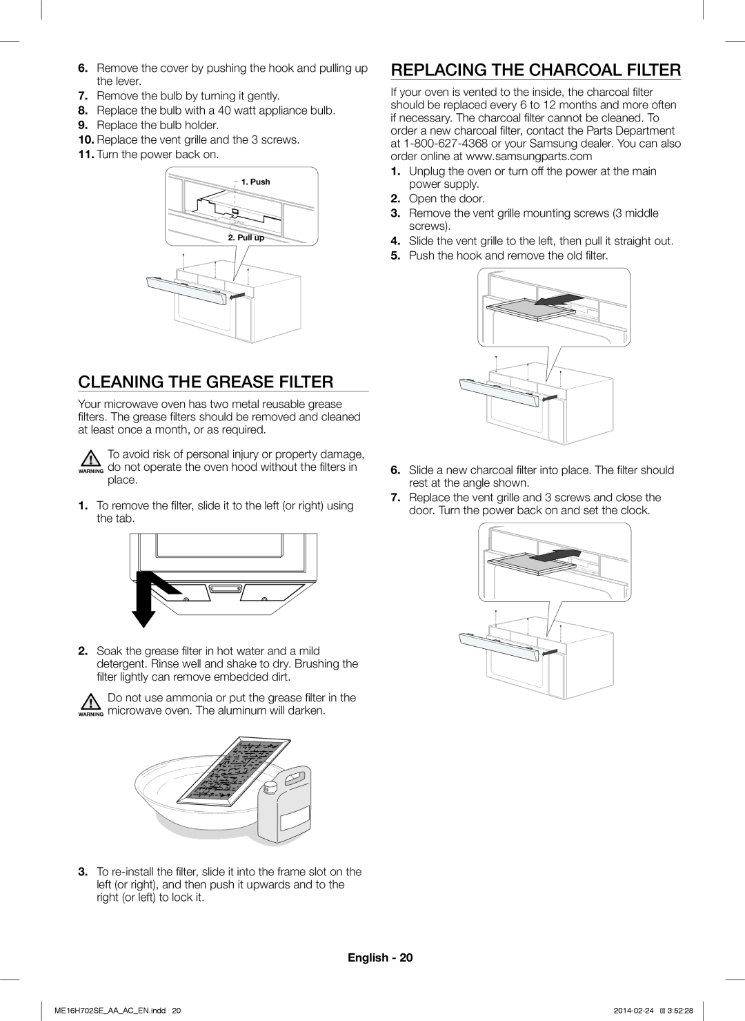 Samsung ME16H702SE user manual Replacing the Charcoal Filter, Cleaning the Grease Filter 