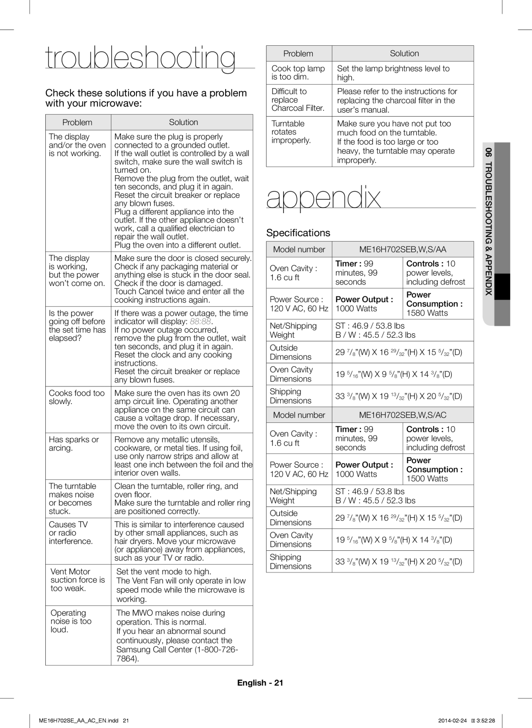 Samsung ME16H702SE user manual Troubleshooting, Appendix, Specifications 