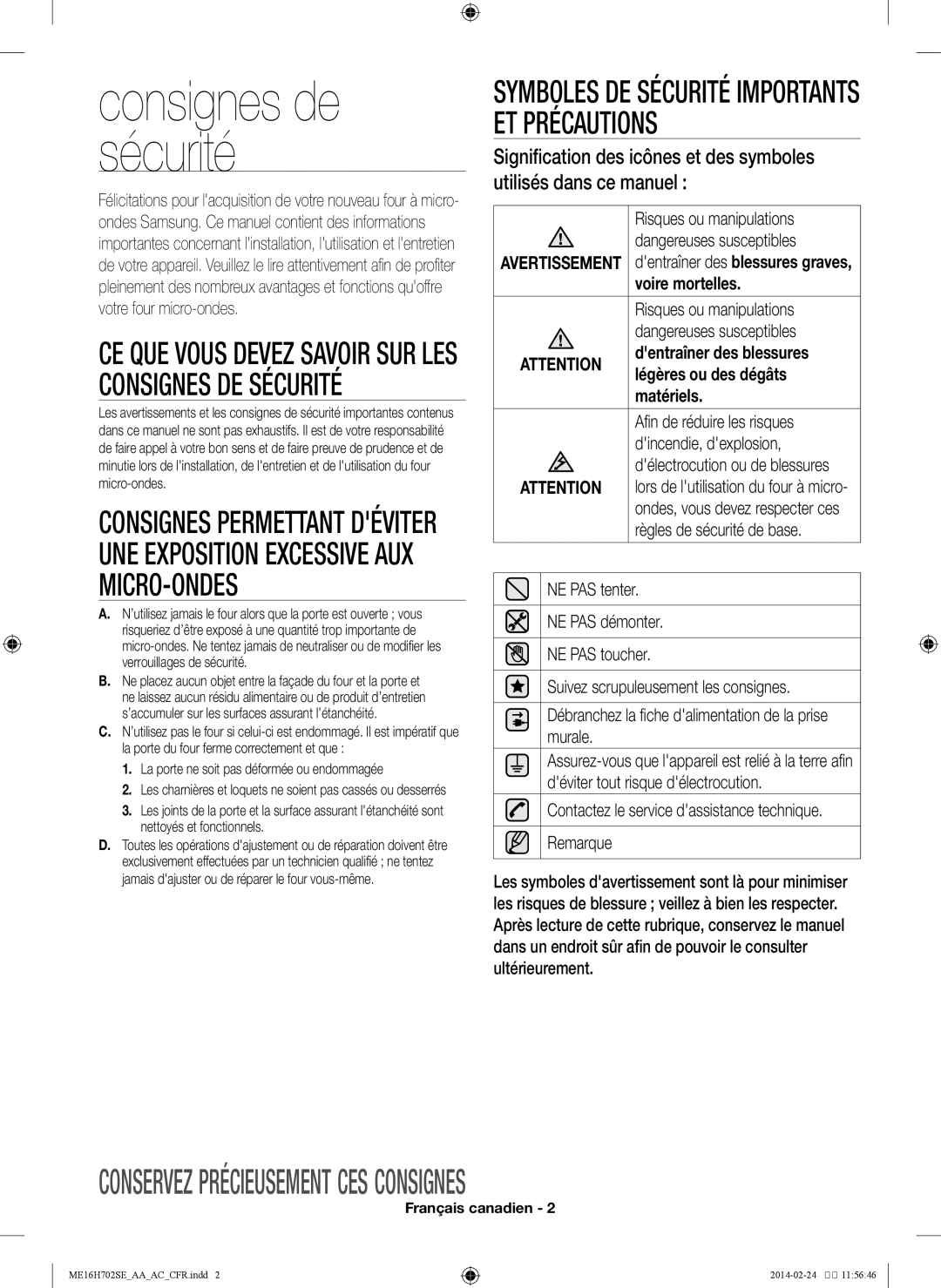 Samsung ME16H702SE user manual Risques ou manipulations, Afin de réduire les risques, Dincendie, dexplosion 