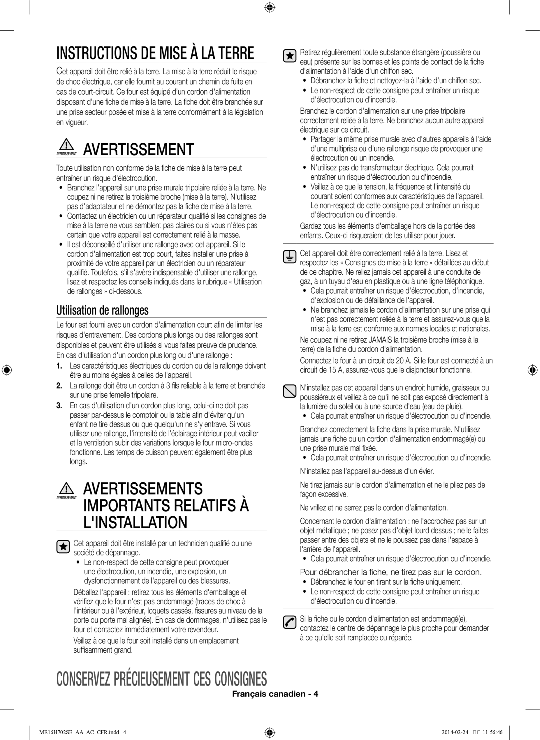 Samsung ME16H702SE user manual Avertissements, Débranchez la fiche et nettoyez-la à laide dun chiffon sec 