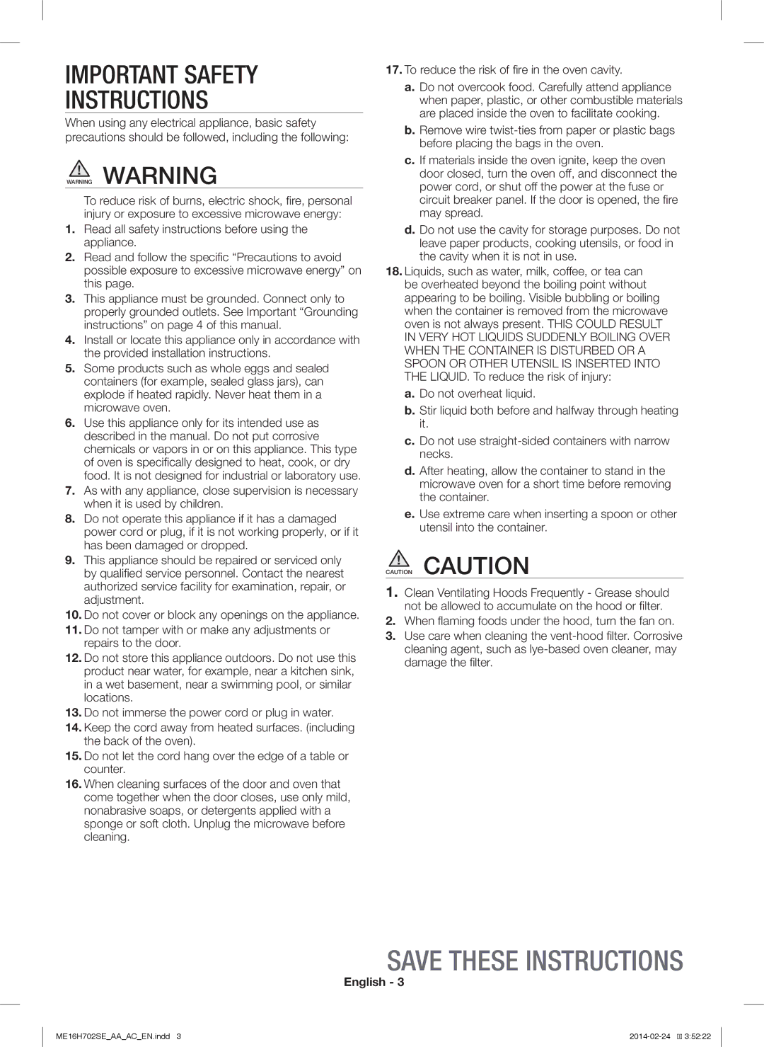 Samsung ME16H702SE user manual Important Safety Instructions 