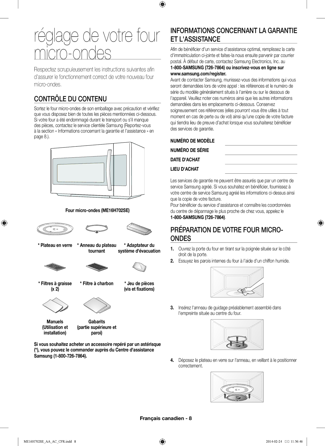 Samsung ME16H702SE user manual Contrôle du contenu, Informations concernant la garantie et lassistance 