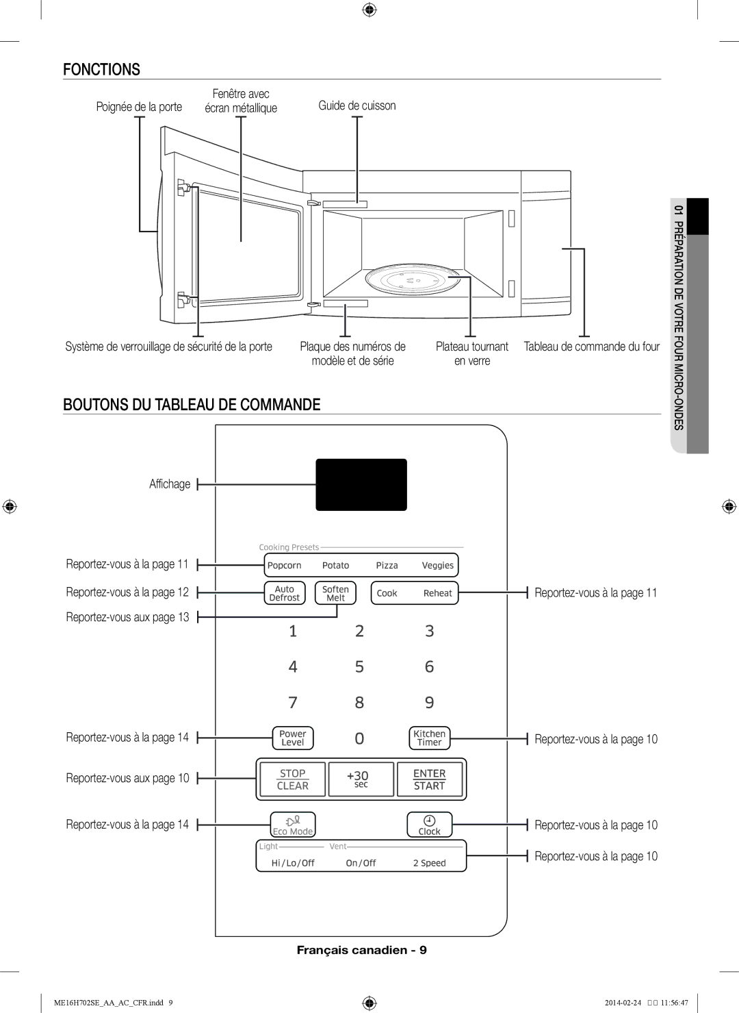 Samsung ME16H702SE user manual Fonctions, Boutons du tableau de commande, Système de verrouillage de sécurité de la porte 