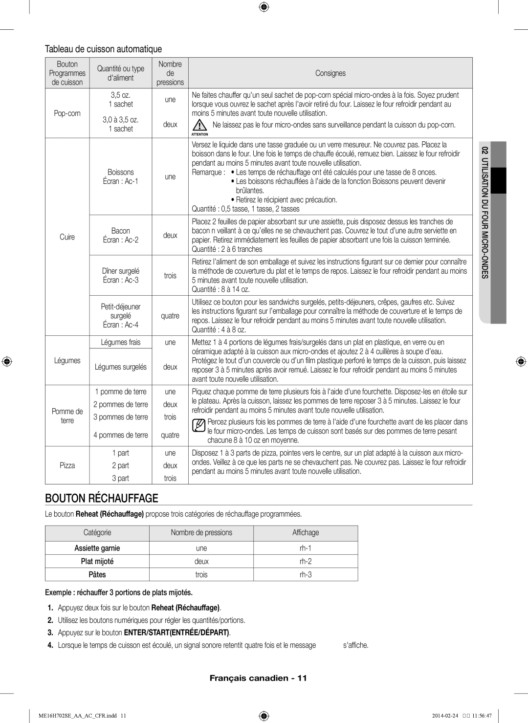 Samsung ME16H702SE user manual Bouton réchauffage, Tableau de cuisson automatique 