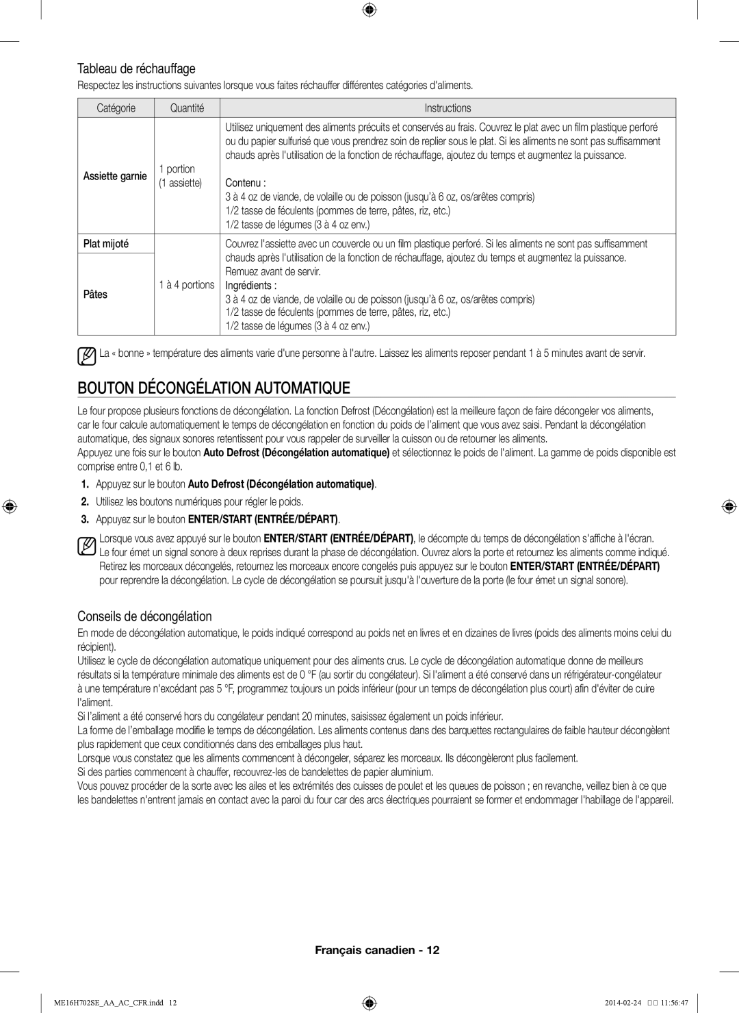 Samsung ME16H702SE user manual Bouton décongélation automatique, Tableau de réchauffage, Conseils de décongélation 