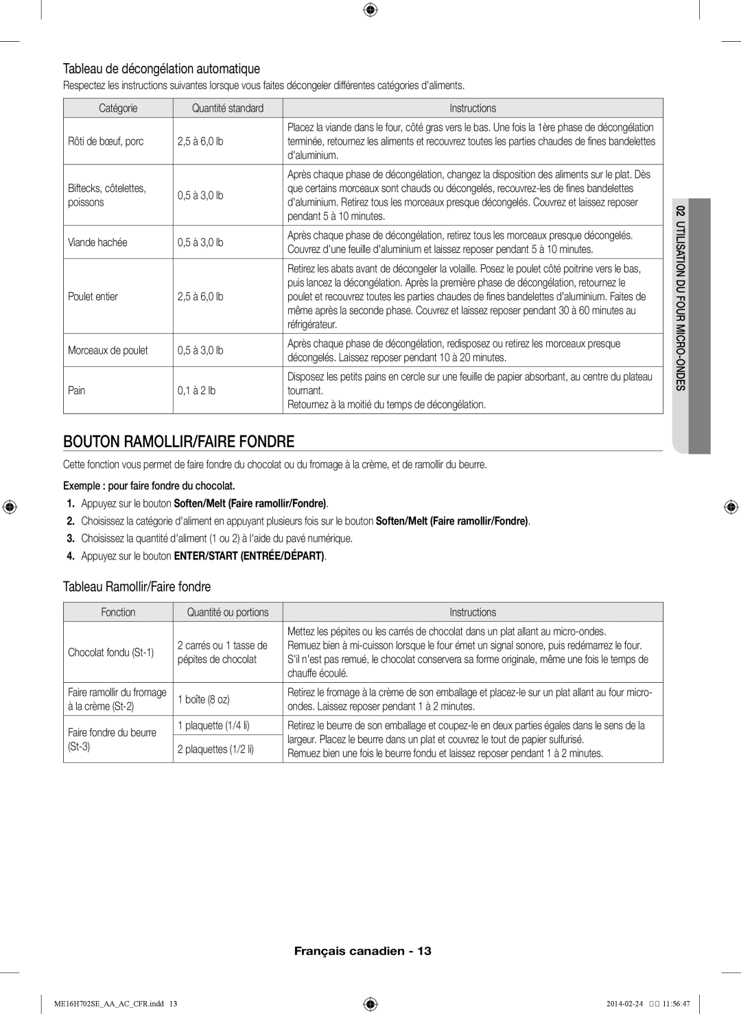 Samsung ME16H702SE Bouton ramollir/faire fondre, Tableau de décongélation automatique, Tableau Ramollir/Faire fondre 