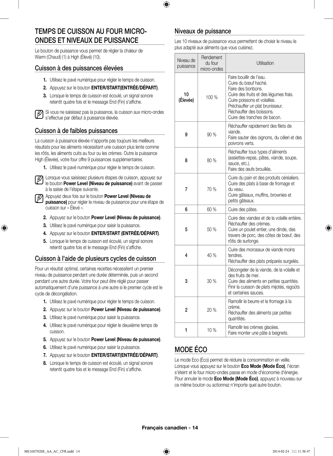 Samsung ME16H702SE Mode éco, Cuisson à des puissances élevées, Cuisson à de faibles puissances, Niveaux de puissance 