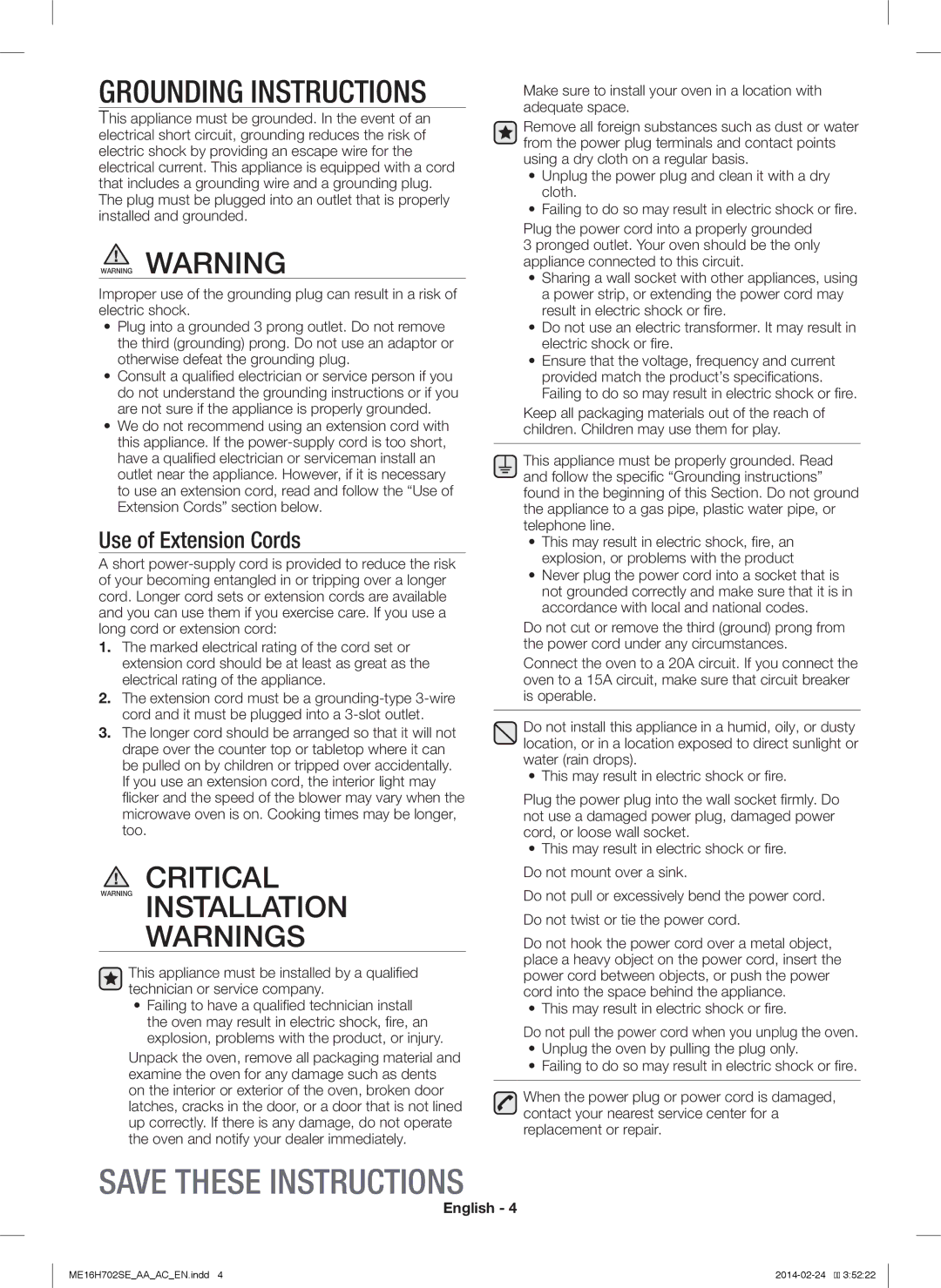 Samsung ME16H702SE user manual Grounding Instructions, Critical 