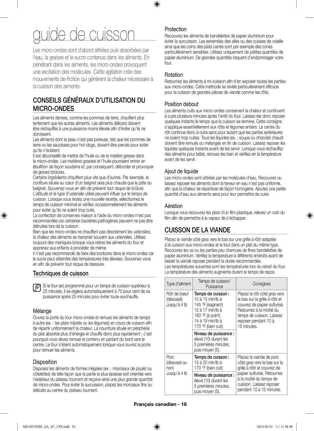 Samsung ME16H702SE user manual Conseils généraux d’utilisation du micro-ondes, Cuisson de la viande, Techniques de cuisson 