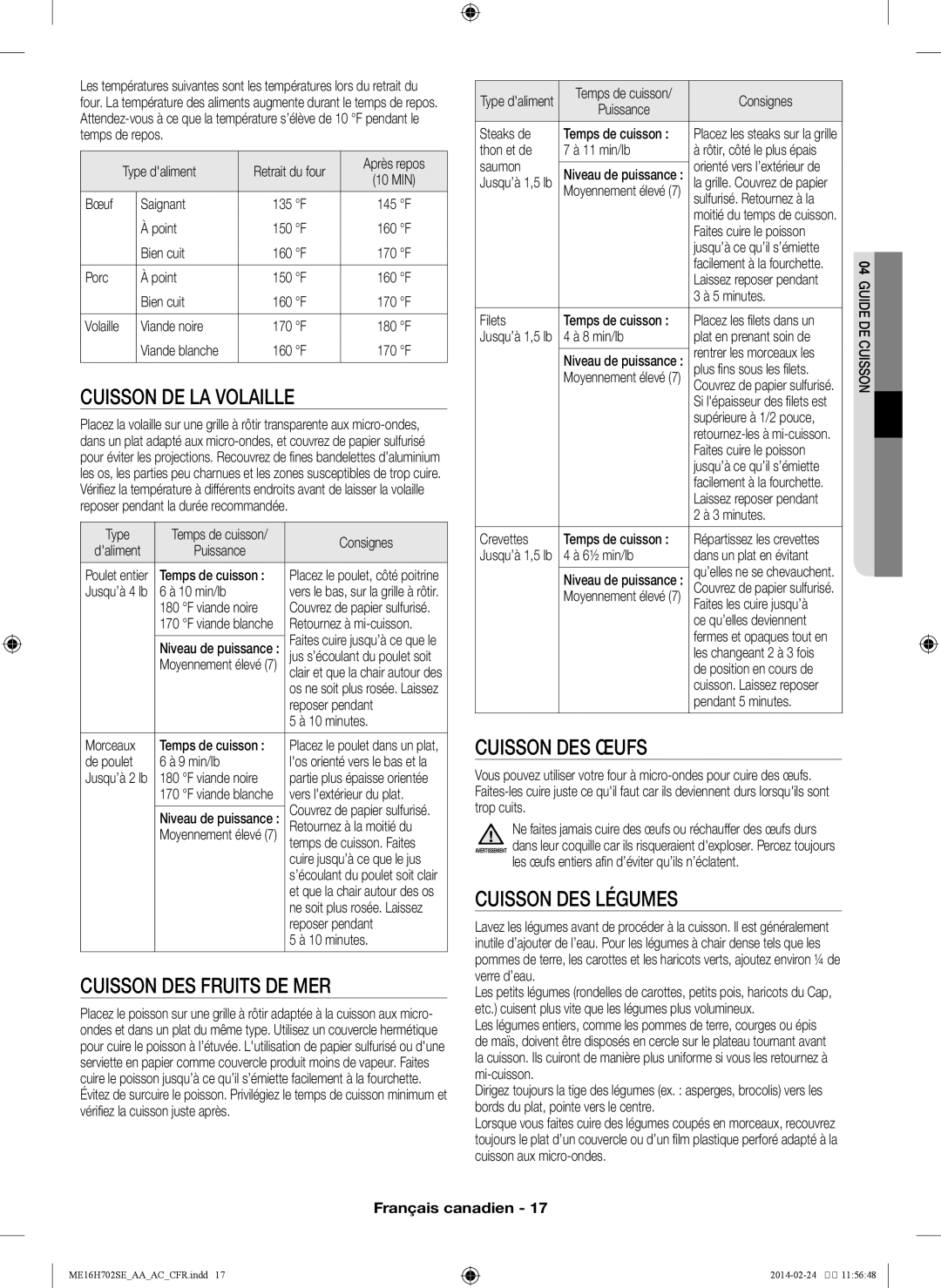 Samsung ME16H702SE user manual Cuisson de la volaille, Cuisson des fruits de mer, Cuisson des œufs, Cuisson des légumes 