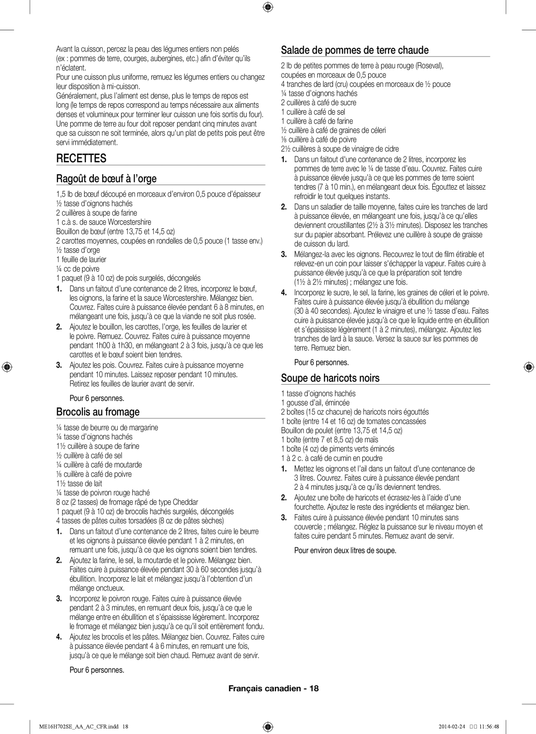 Samsung ME16H702SE user manual Recettes, Ragoût de bœuf à l’orge, Brocolis au fromage, Salade de pommes de terre chaude 