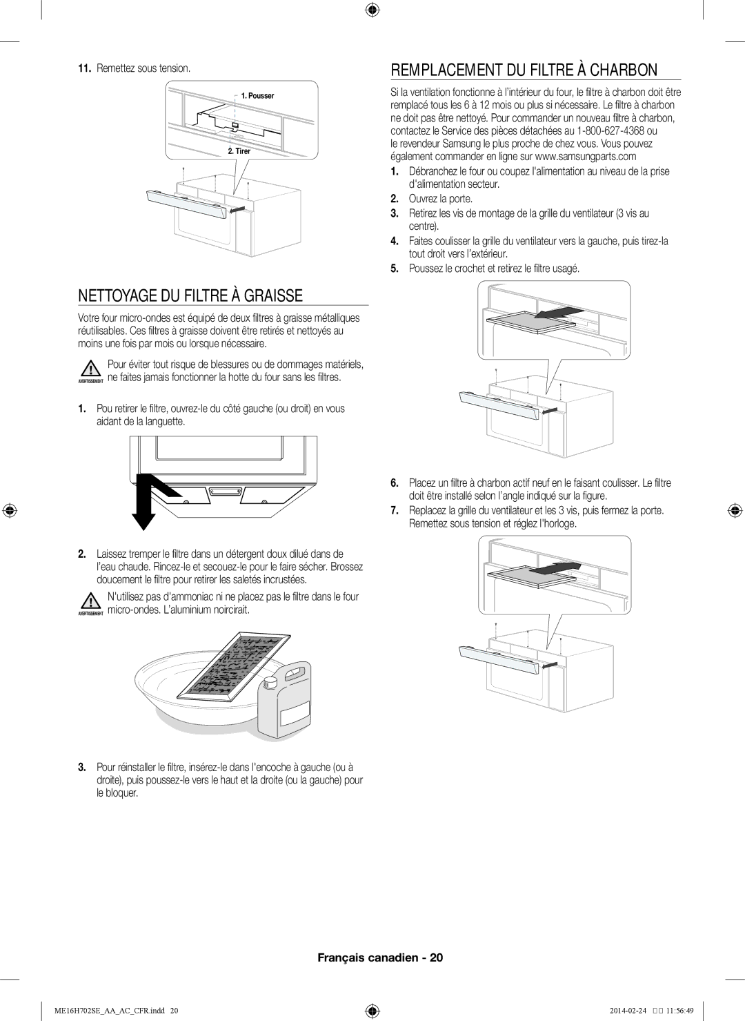 Samsung ME16H702SE user manual Nettoyage du filtre à graisse, Remplacement du filtre à charbon, Remettez sous tension 