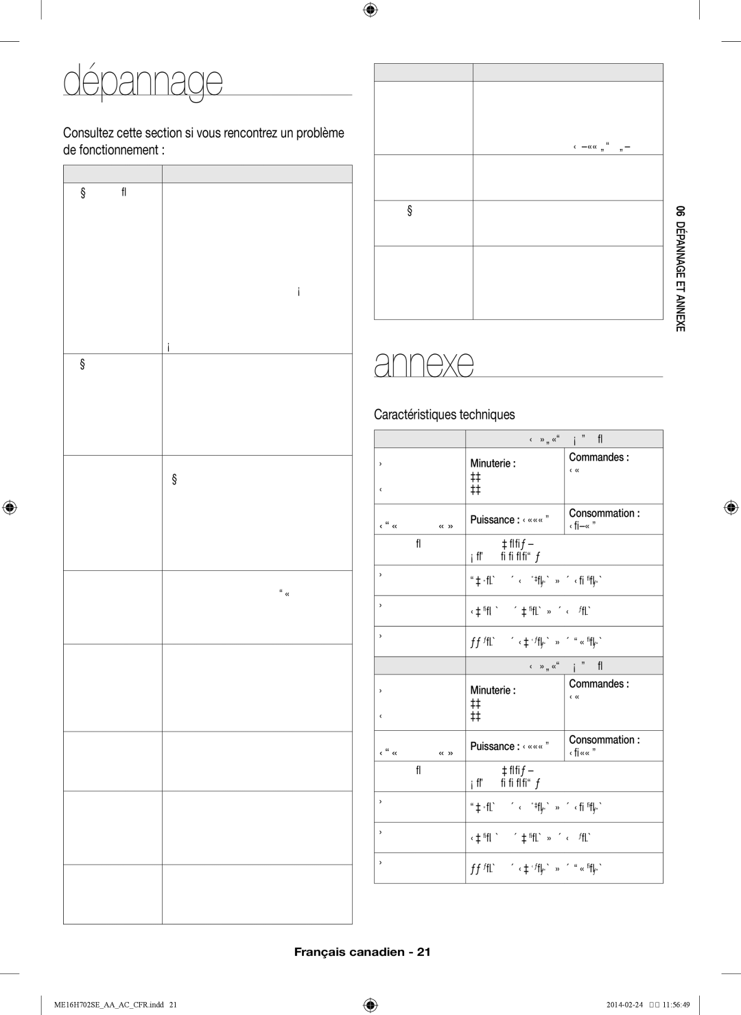 Samsung ME16H702SE user manual Dépannage, Annexe, Caractéristiques techniques 