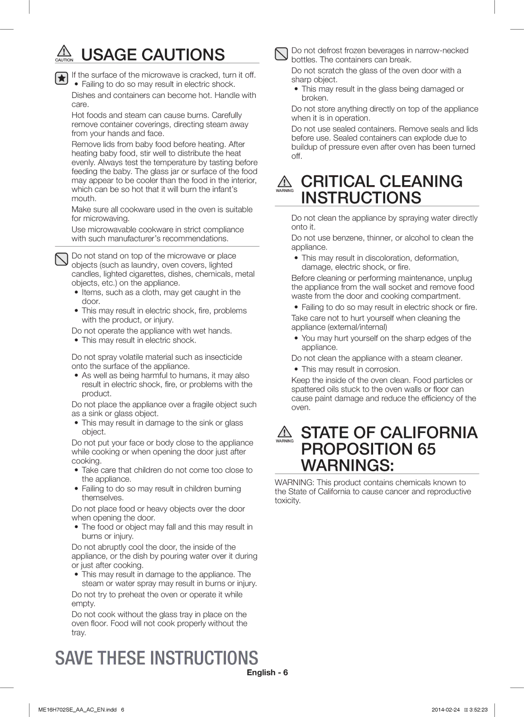 Samsung ME16H702SE user manual Critical Cleaning Warning Instructions, State of California Warning Proposition 