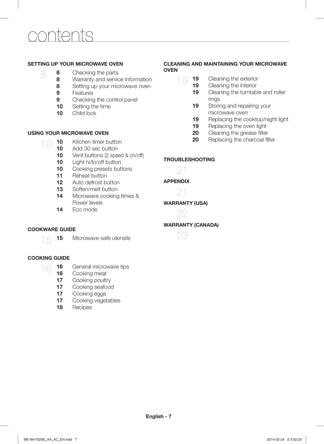 Samsung ME16H702SE user manual Contents 