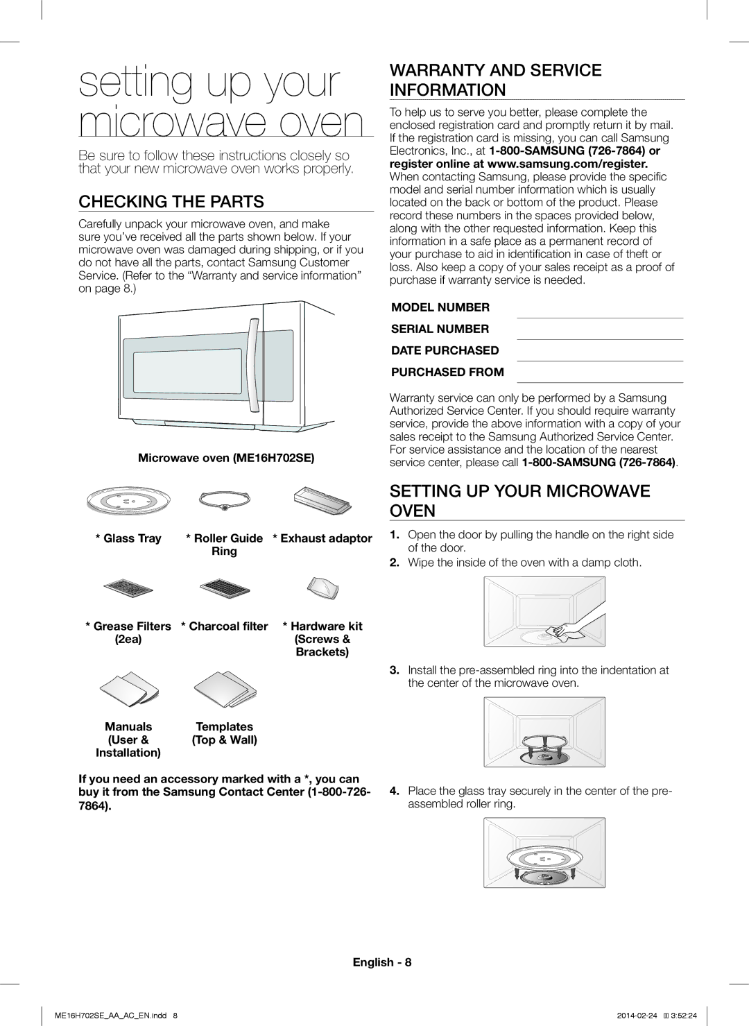 Samsung ME16H702SE user manual Checking the Parts, Warranty and Service Information, Setting UP Your Microwave Oven 