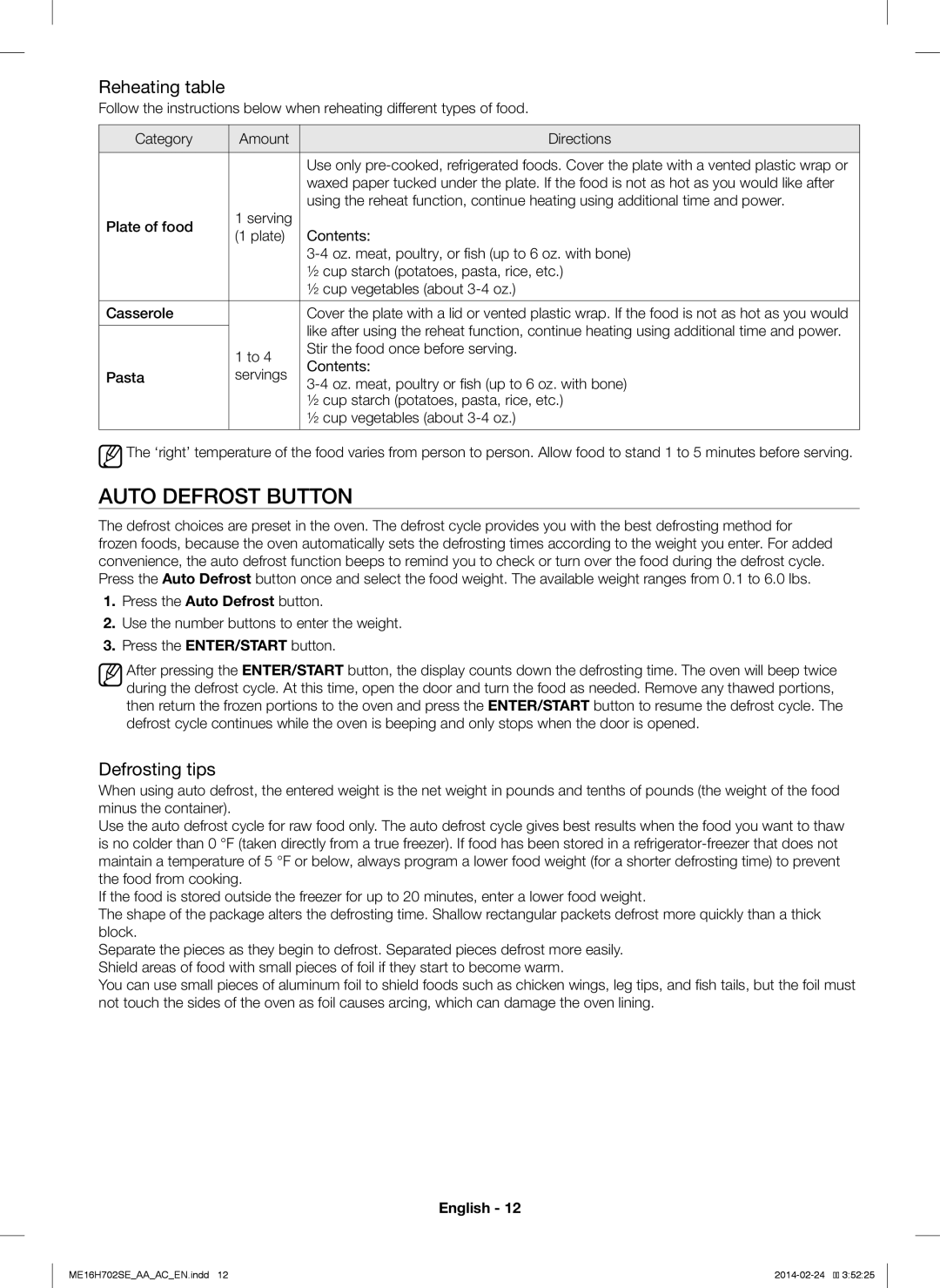 Samsung ME16H702SE user manual Auto Defrost Button, Reheating table, Defrosting tips, English 