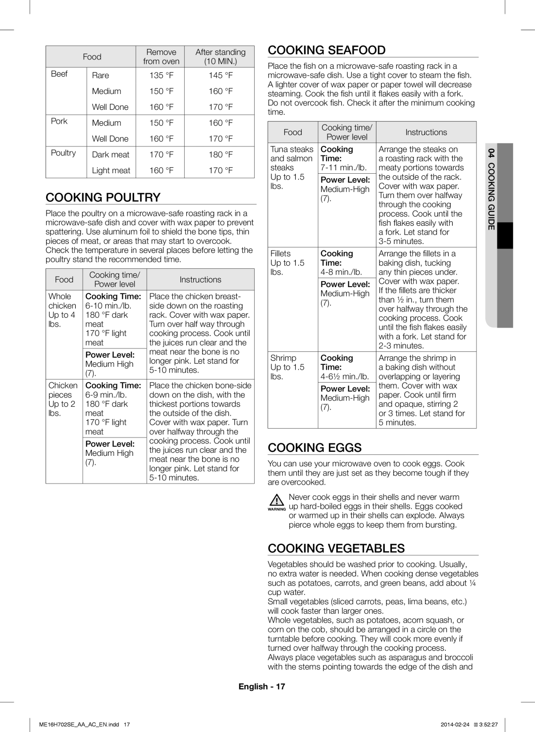 Samsung ME16H702SE user manual Cooking Poultry, Cooking Seafood, Cooking Eggs, Cooking Vegetables, English 