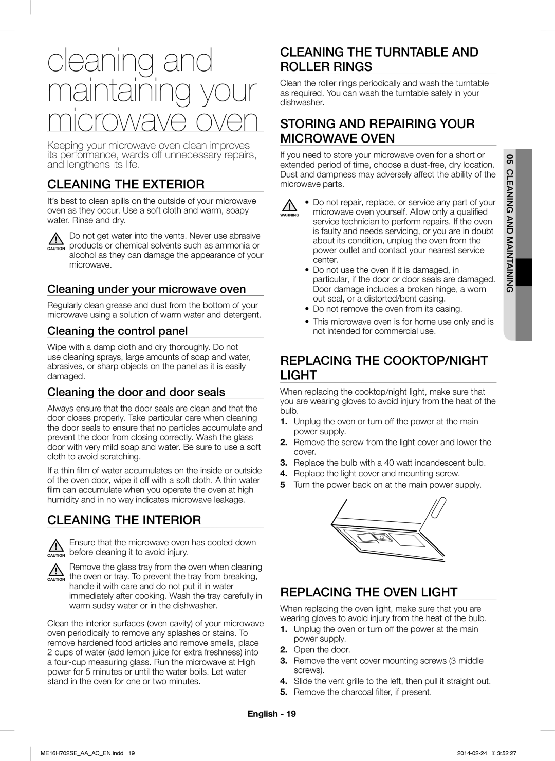 Samsung ME16H702SE cleaning and maintaining your microwave oven, Cleaning The Exterior, Cleaning The Interior, English 