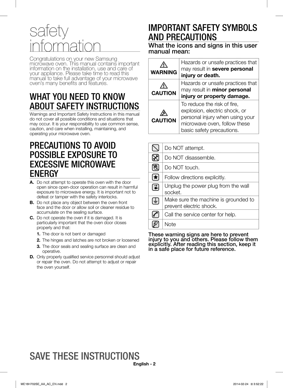 Samsung ME16H702SE safety information, Save These Instructions, Important Safety Symbols And Precautions, injury or death 