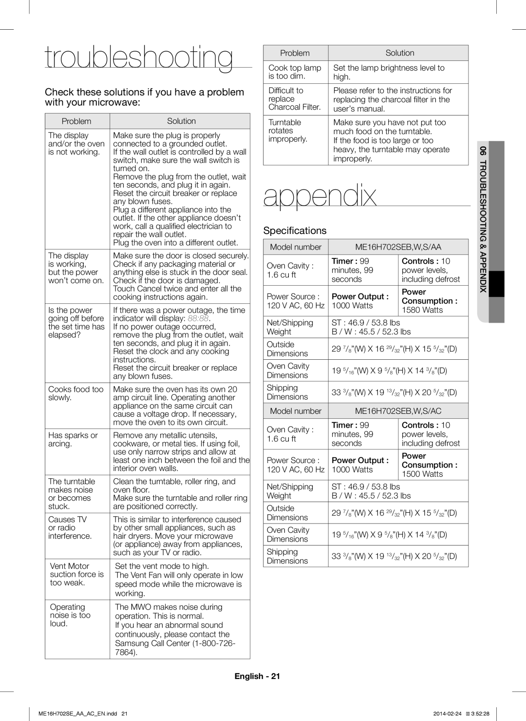 Samsung ME16H702SE user manual troubleshooting, appendix, Specifications, English 