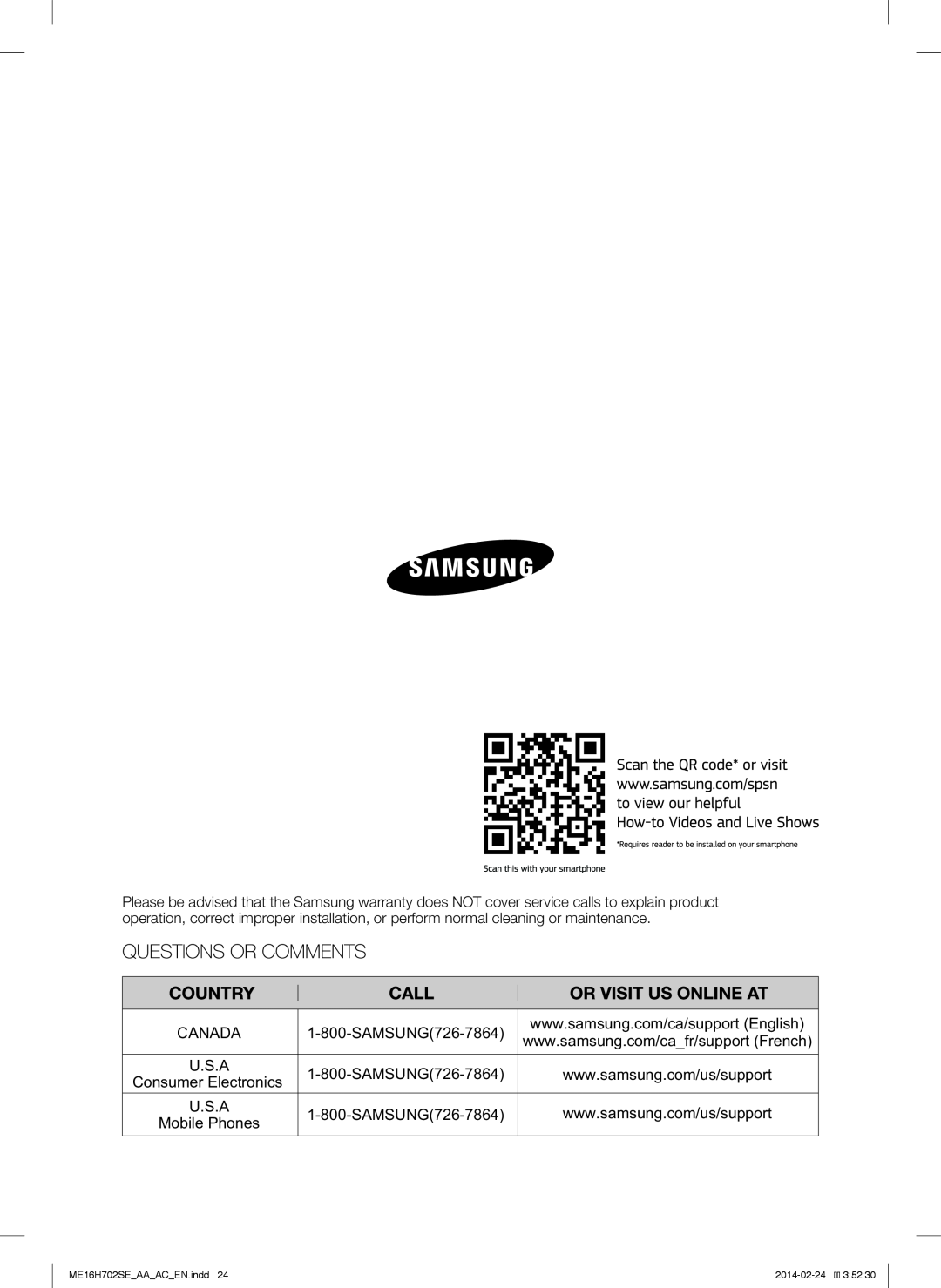 Samsung ME16H702SE user manual Canada, U.S.A, Mobile Phones 
