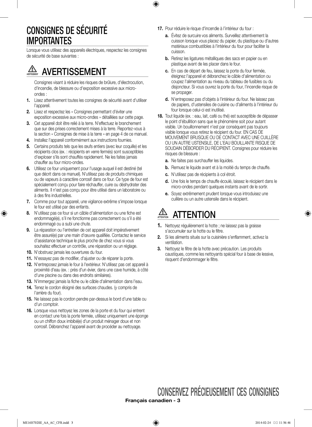 Samsung ME16H702SE user manual Importantes, Consignes De Sécurité, Conservez précieusement ces consignes, Français canadien 