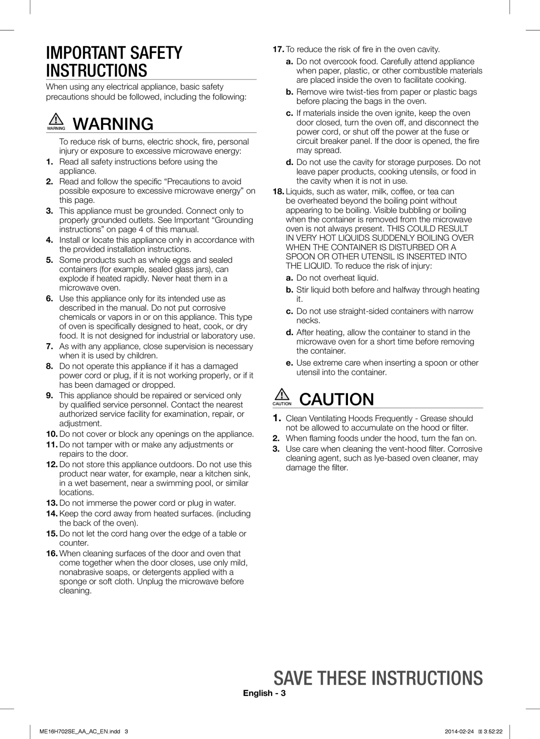 Samsung ME16H702SE user manual Important Safety Instructions, Save These Instructions, English 