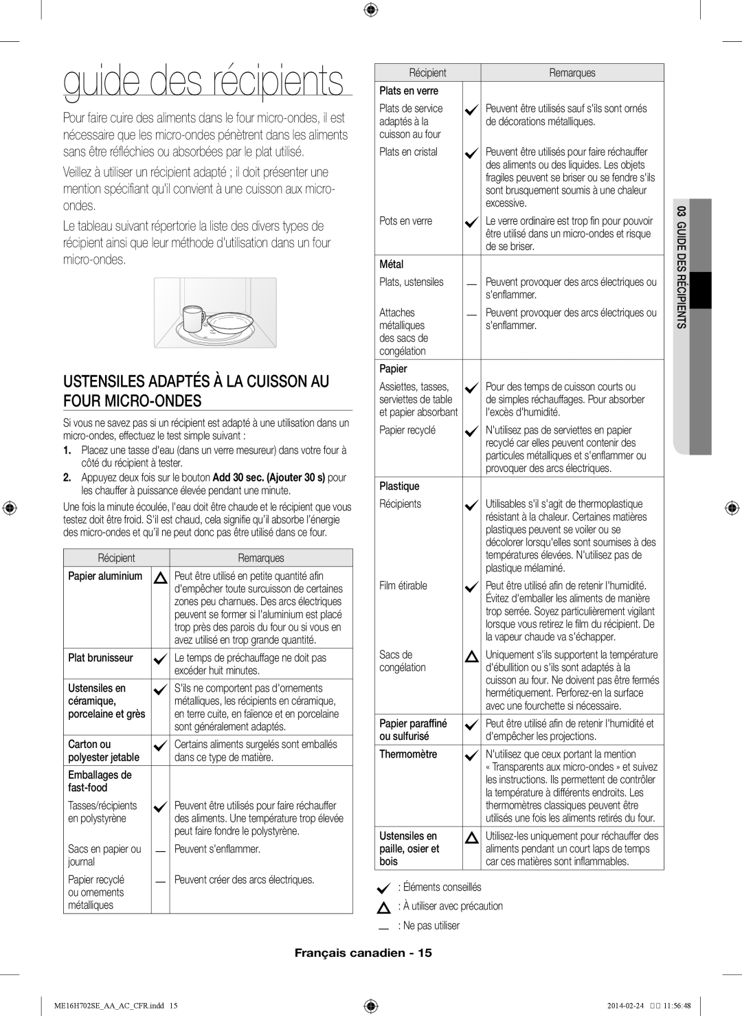 Samsung ME16H702SE user manual guide des récipients, Français canadien 