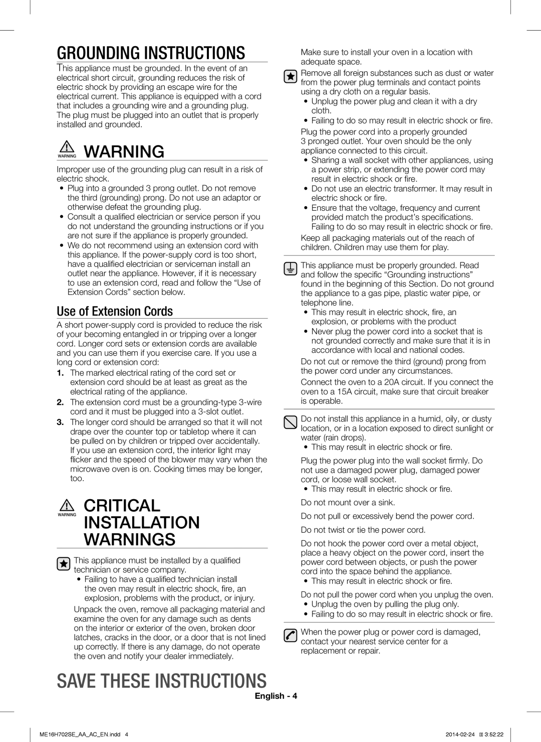 Samsung ME16H702SE Grounding Instructions, Critical Warning Installation Warnings, Use of Extension Cords, English 