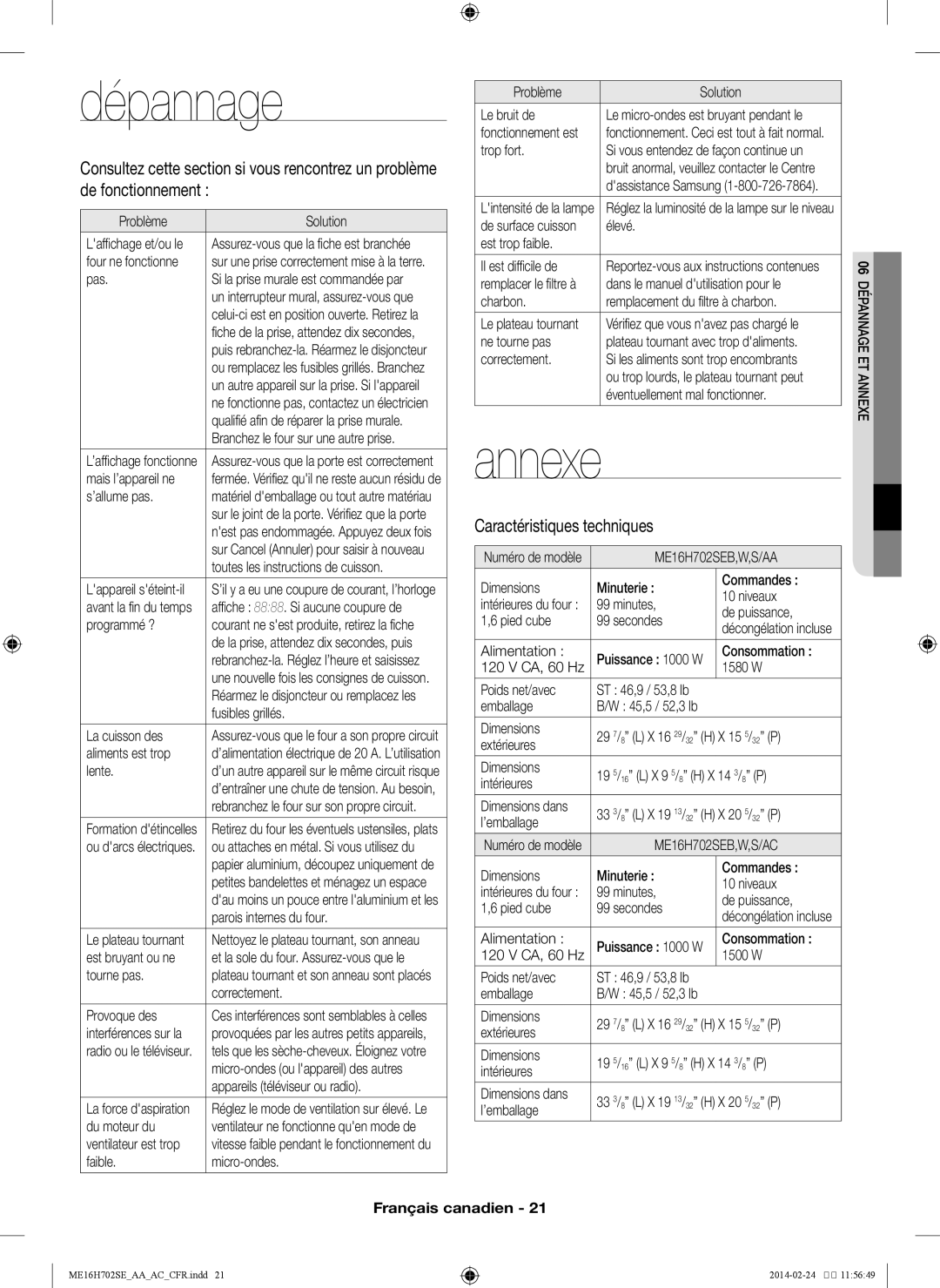 Samsung ME16H702SE user manual dépannage, annexe, Caractéristiques techniques, Français canadien 