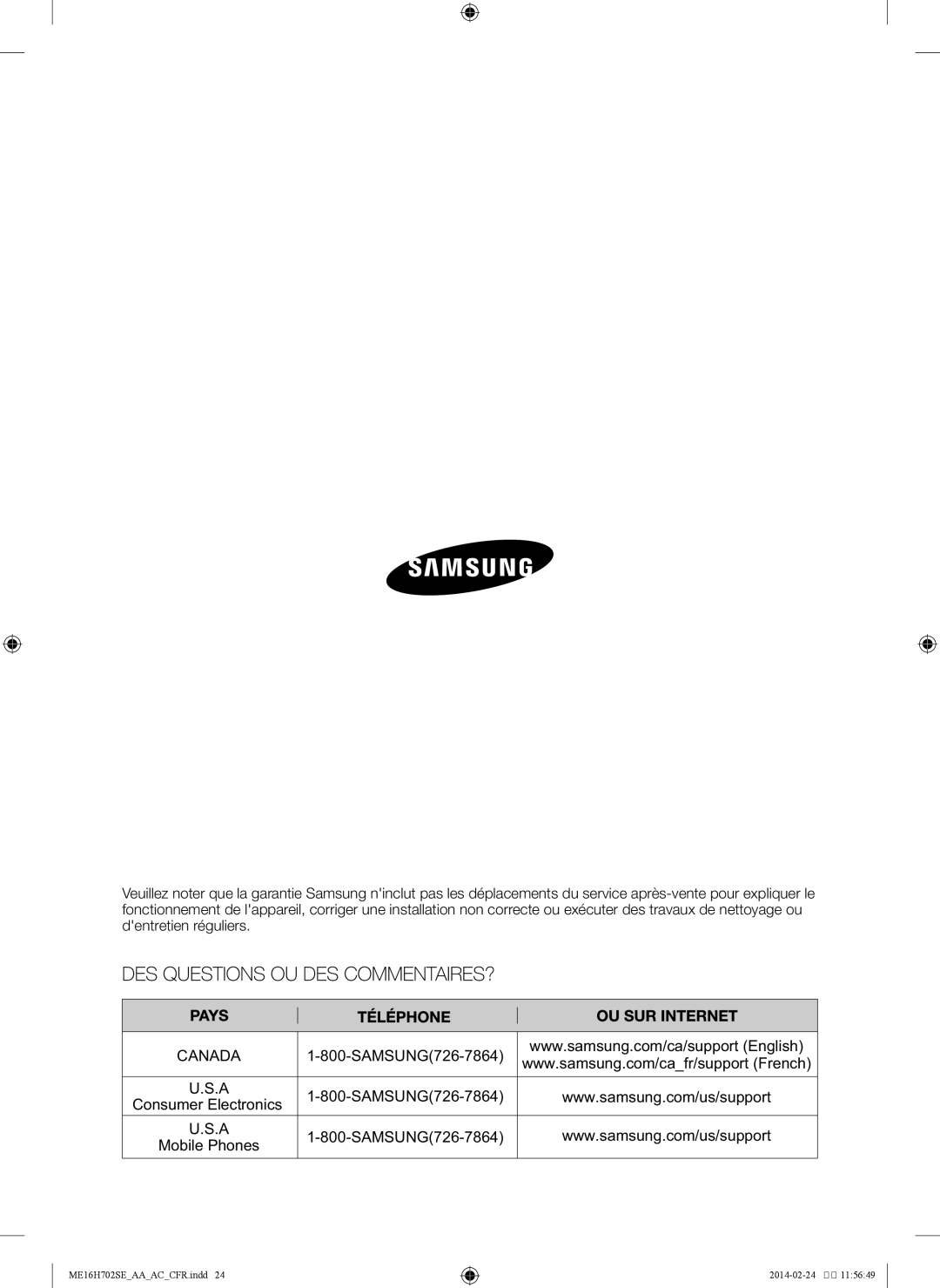 Samsung ME16H702SE user manual Canada 