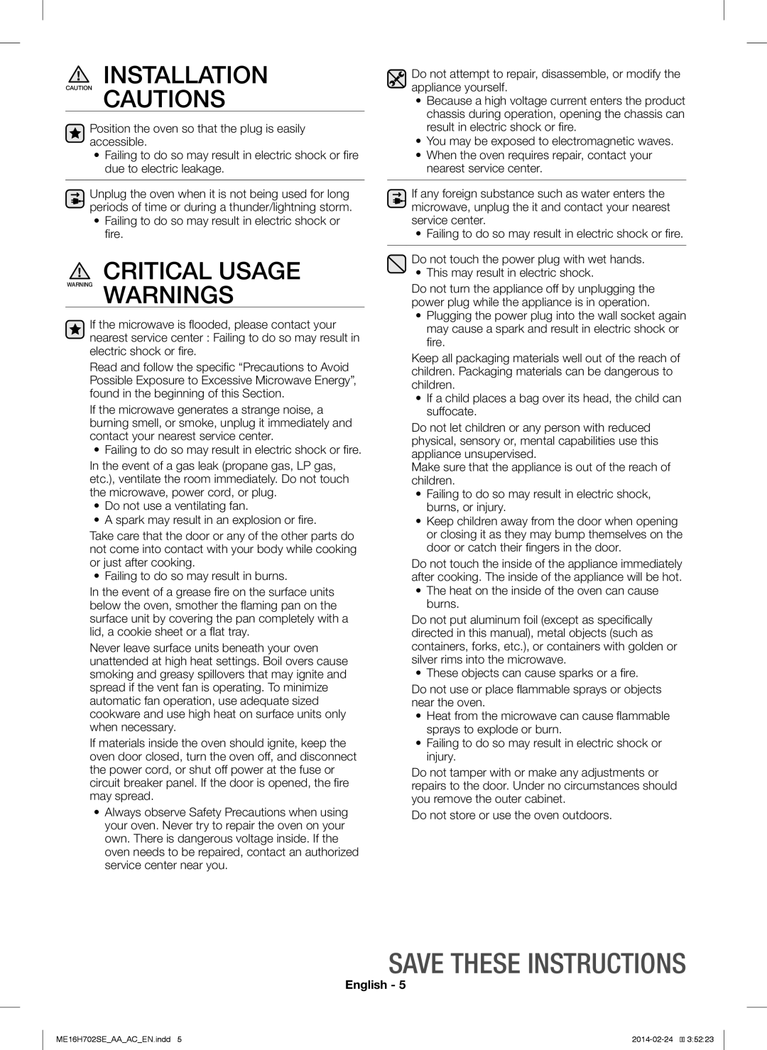 Samsung ME16H702SE user manual Installation, Save These Instructions, English 