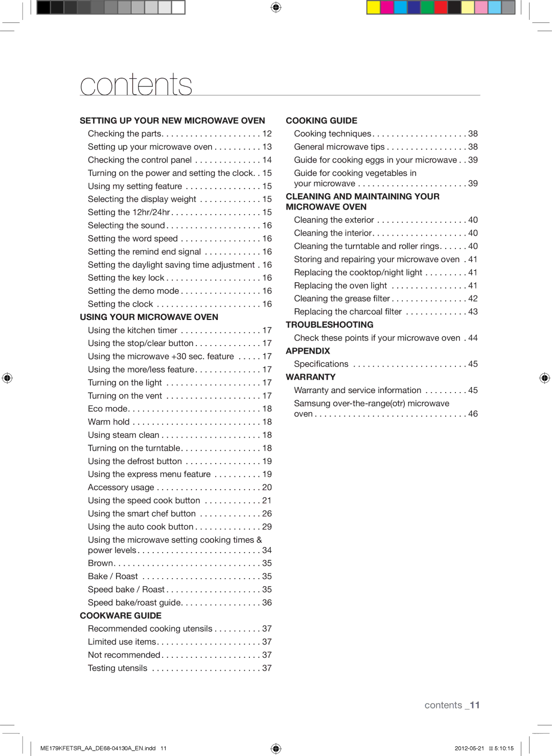 Samsung ME179KFETSR user manual Contents 