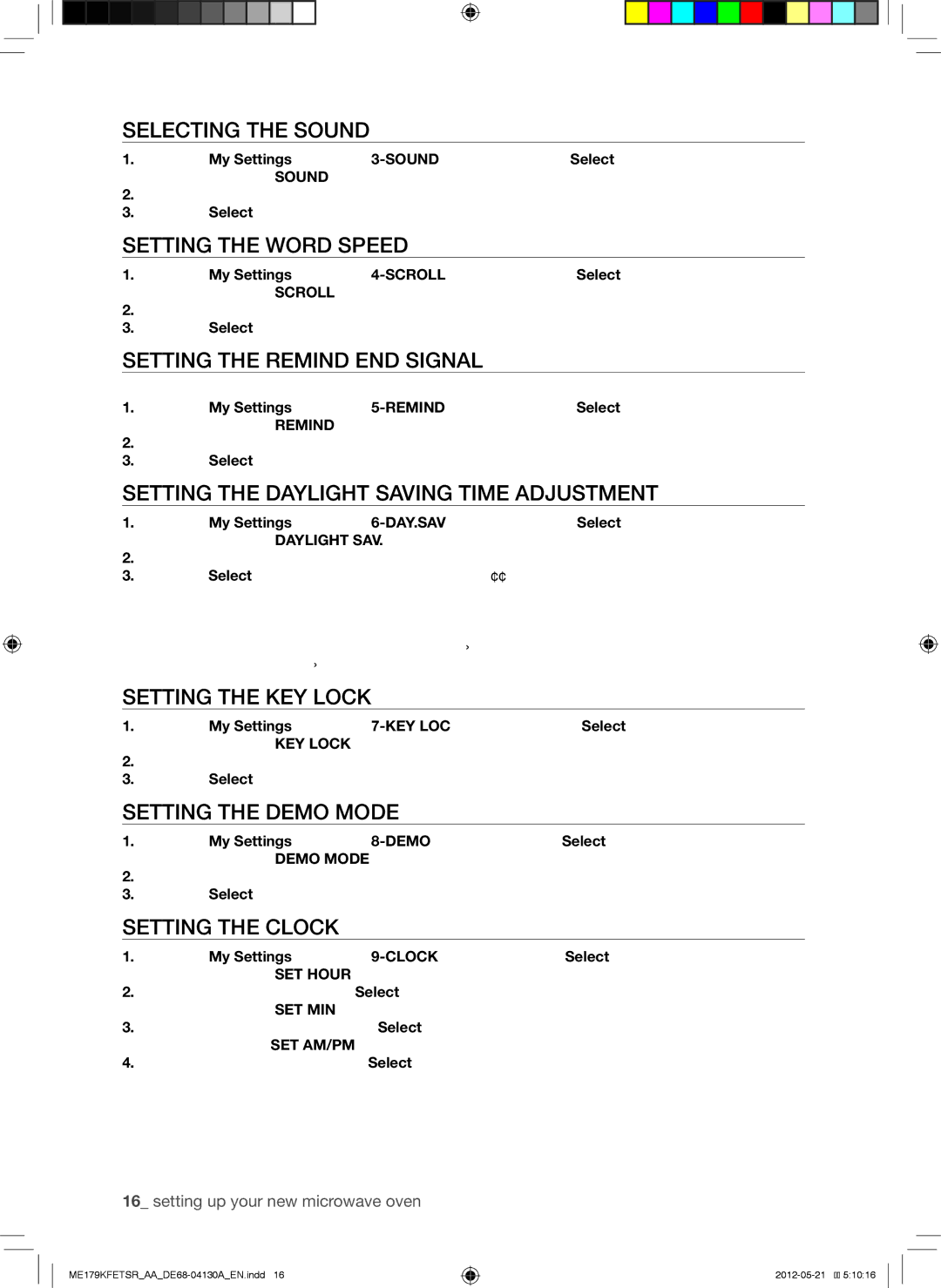 Samsung ME179KFETSR Selecting the Sound, Setting the Word Speed, Setting the Remind END Signal, Setting the KEY Lock 